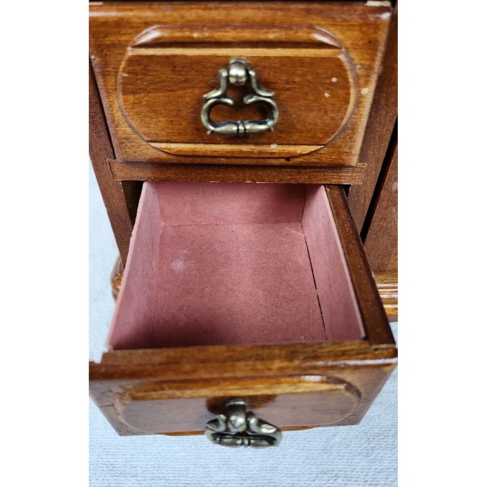 Vintage Taiwan Wooden Jewelry Box Floral Glass Door 4 Drawer Armoire 1970’s